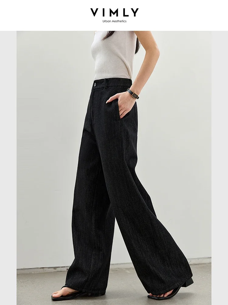 VIMLY جينز نسائي بسيط عالي الخصر وواسع الساق لخريف 2025 سروال فضفاض مستقيم فضفاض مكتب سيدة أسود سراويل جينز A0237 #2