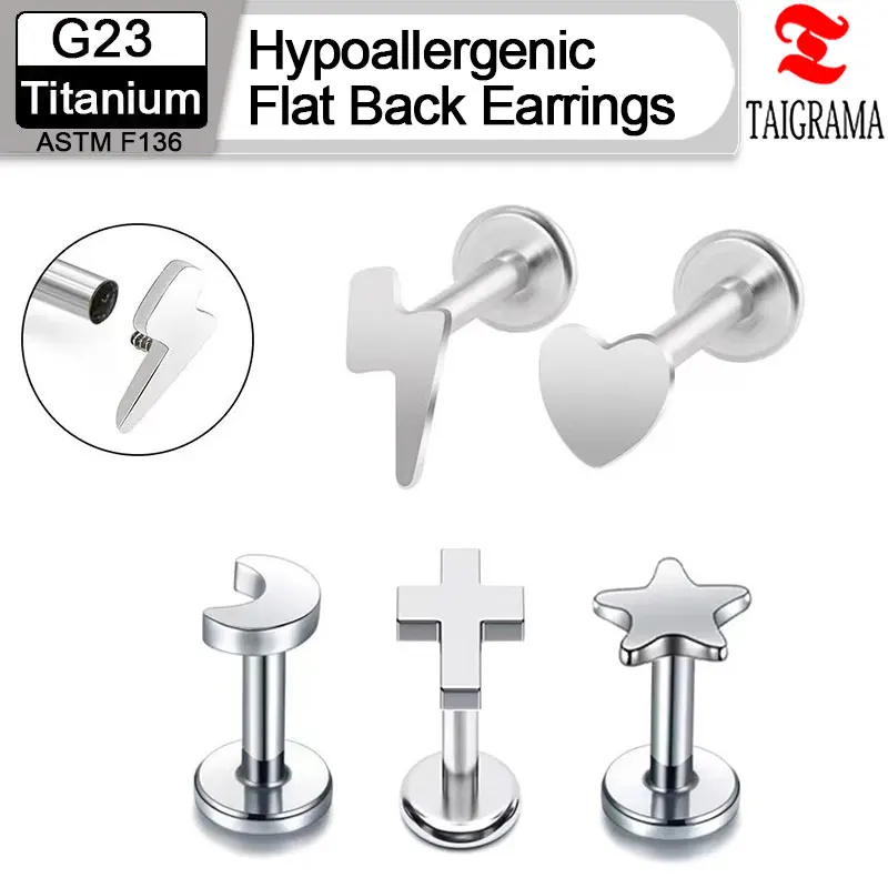 

2PCS G23 Titanium Cartilage Earrings Stud Hypoallergenic Flat Back Stud Earrings 16G Internally Threaded Screw Back Lip studs
