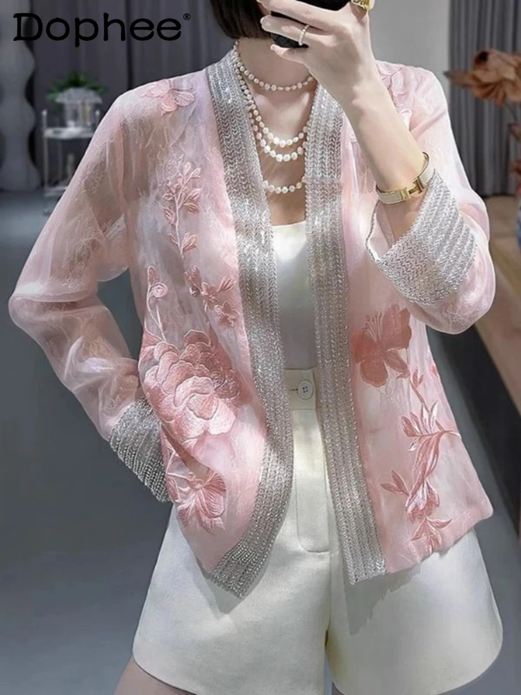 

Sun Protection Clothing Women 2024 Spring and Summer New Retro Machine Embroidery Long Sleeve Cardigan Jacket V-neck Top