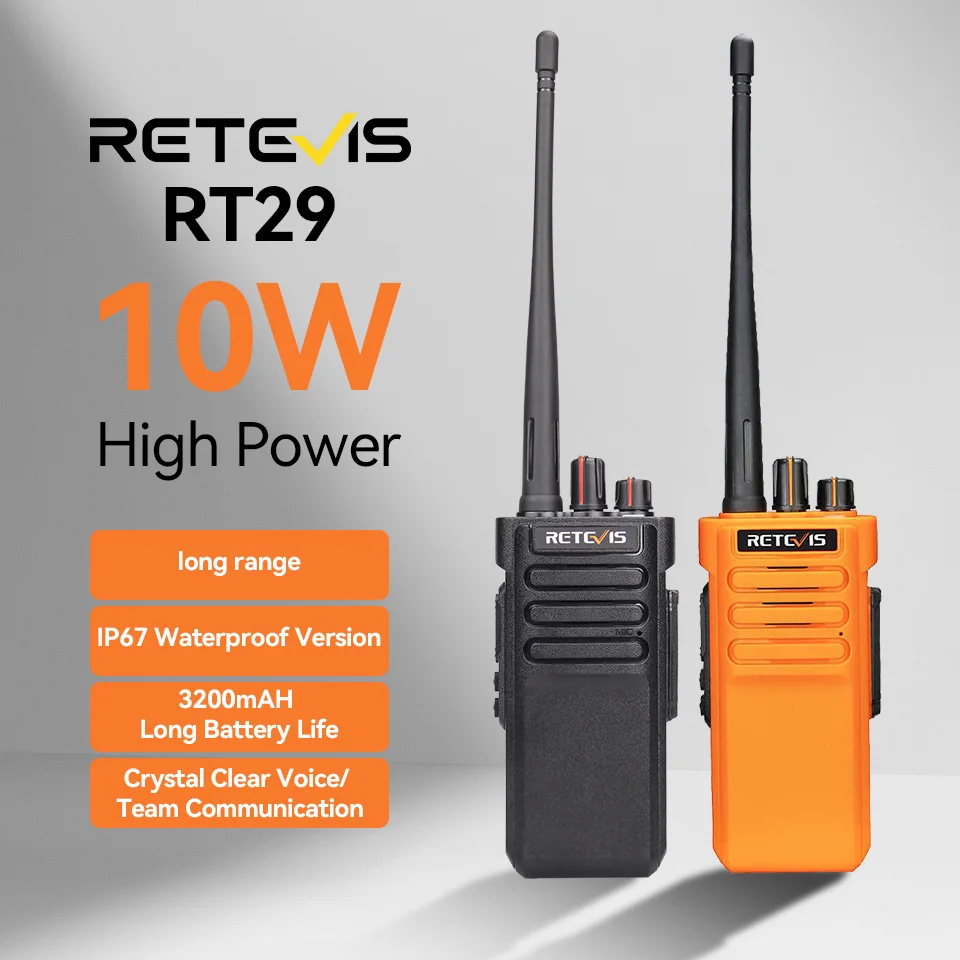 Retevis RT29 10W рация 1шт или 2шт мощные 3-10км дальнобоя рации IP67 Водонепроницаемый Пылезащитный (необязательный) UHF или VHF батарея 3200 мАч для строительных площадок, складов, охраны ,горные районы и т.д.