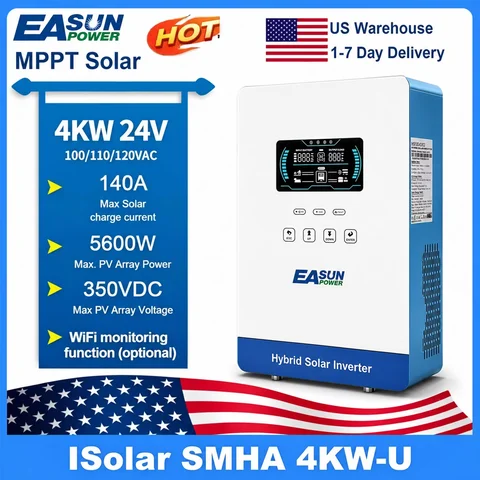 EASUN POWER Power Solar Inverter Off Grid 4KW 24v 110/120v Pure Sine Wave MPPT Solar Charger Power Home Inversor  LCD Display  inversores híbridos solares US warehouse