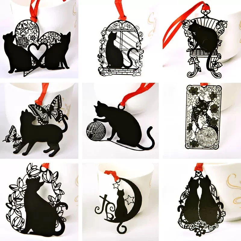 9Pcs/Lot Black Cat Series Metal Hollowed Bookmark Lovely Cat Book Holder Office Stationery Student Gifts