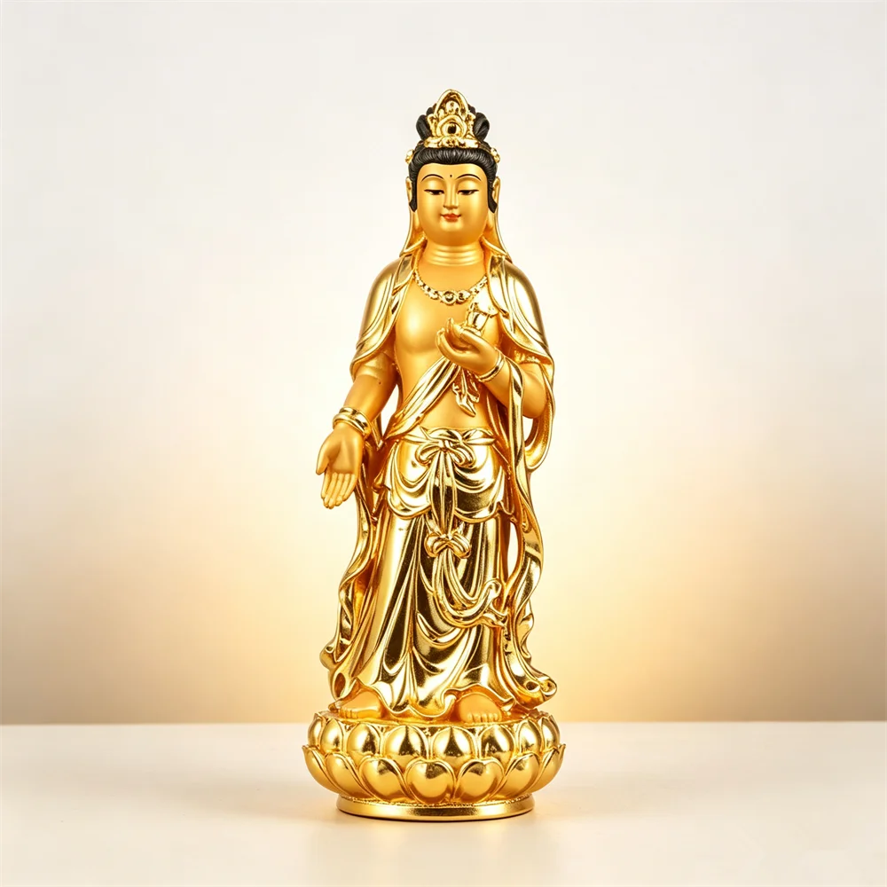 Golden Resin Sunlight/Moonlight Bodhisattva Statues 13cm Standing Lotus Buddha Figurine Home Altar Car Decor Religious Gift