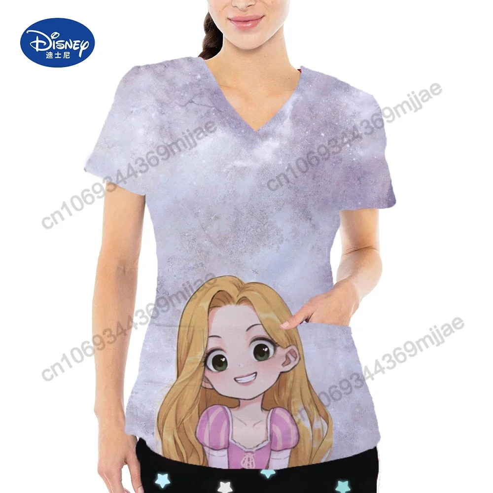 Women's Clothes V-neck Design Pocket Summer Cartoon Short Sleeves T-shirts