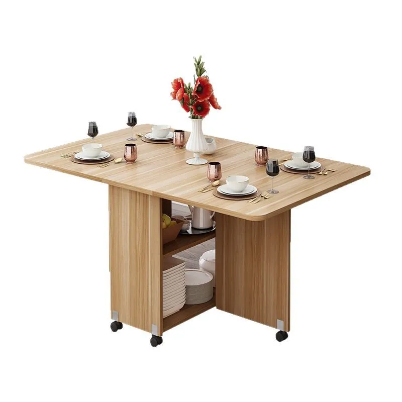 Wooden folding dining table household small apartment rectangular simple easy retractable mobile dining table 4-6 people