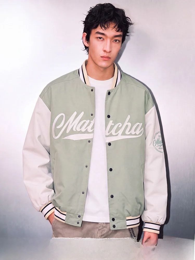 Matcha Story American College Style Baseball Jacket Spring Autumn Unisex Pilot Jacket Loose Fit Embroidered Polyester Youth F...