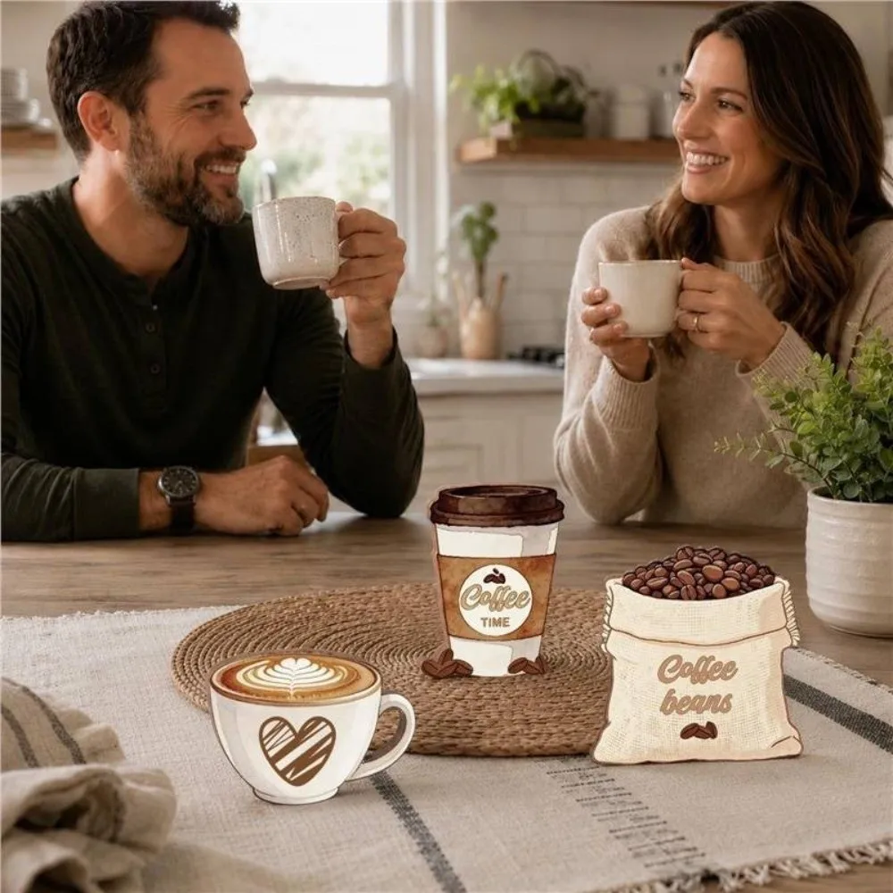 3 pcs Ornament Country style Desktop Ornament Coffee Cup Coffee Beans Decorative Wooden Board Retro Home Decoration Table
