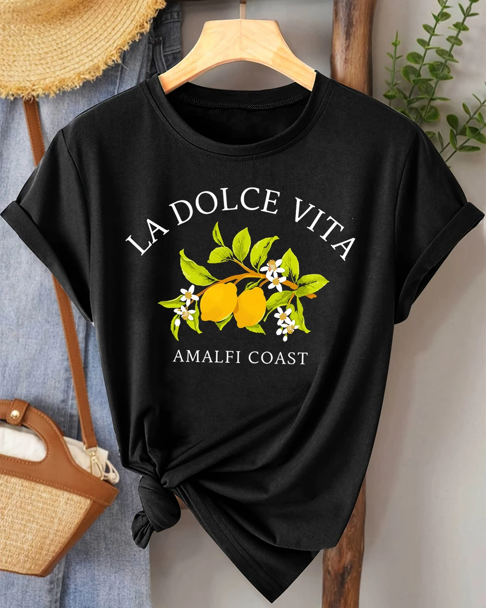 

Dolce Vita Lemon Fruit Amalfi Coast Printed Basics Womens T-Shirt Slim Tee New Breathable Clothes All-Match Soft Female Top