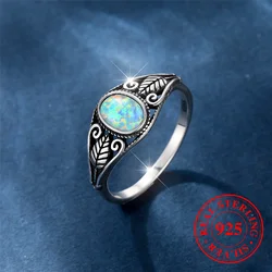 Vintage Female Natural White Fire Opal Stone Oval Leaf Ring Real 925 Sterling Silver Wedding Jewelry For Women