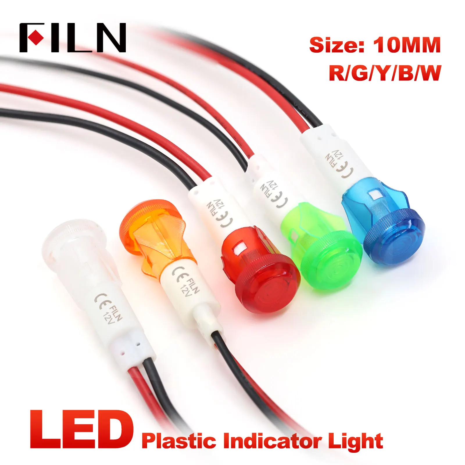 FILN 10mm Plastic Wired Terminal LED Indicator 12V 24V 110V 220V Ideal for Automotive Car Truck Motorcycle Dash Controls