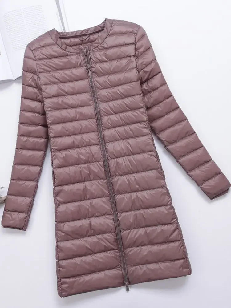 0-10℃ Women Winter Coat 2024 New Ultra Light Collarless Duck Down Jackets Slim Portable Female Long Puffer Down Coats Outerwear