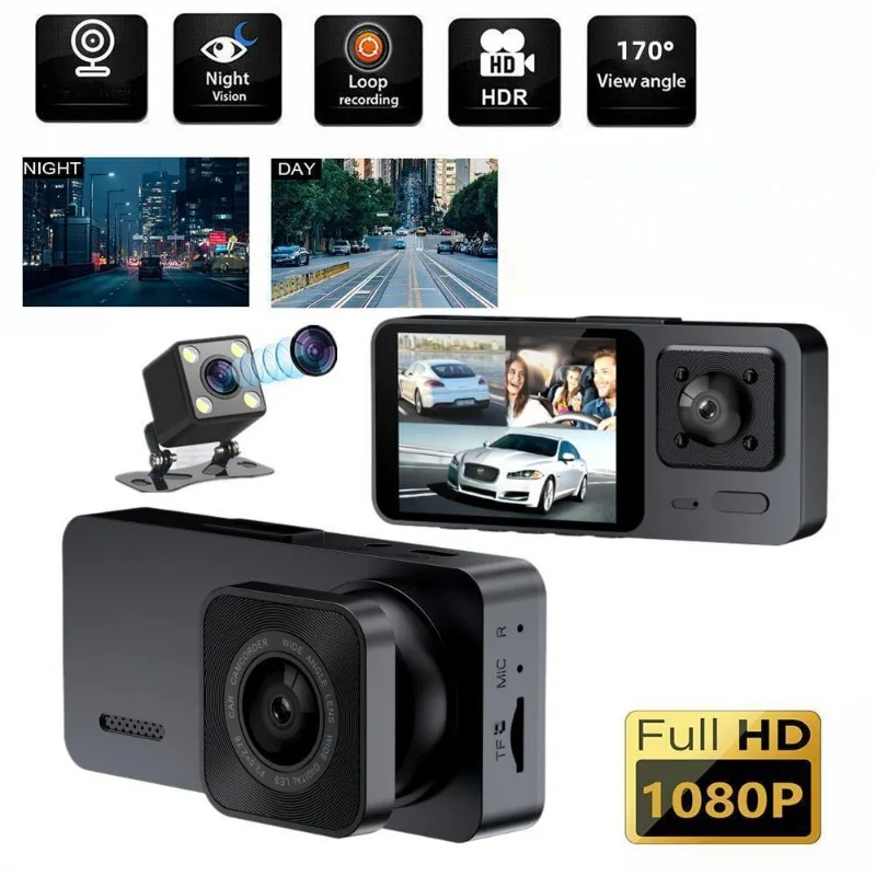 Car Camera Motion Detection Dash Cam 3-Channel Dvr Night Vision Black Box 2 Inche Dashcam Loop Recording Support USB 1080P Parts