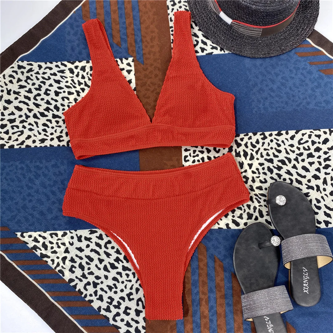 Gefalteter, geraffter Damen-Badeanzug mit V-Ausschnitt, hochtaillierter Bikini, zweiteiliges Bikini-Set, Badebekleidung, Badeanzug, Modell V3590. – Detail 32