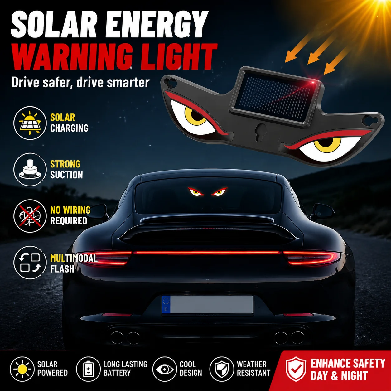 Solar Devil Eye Warning Light Dynamic Expression LED Light Demon's Eye With Suction Cup Rechargeable Ambience Lamp Decoration