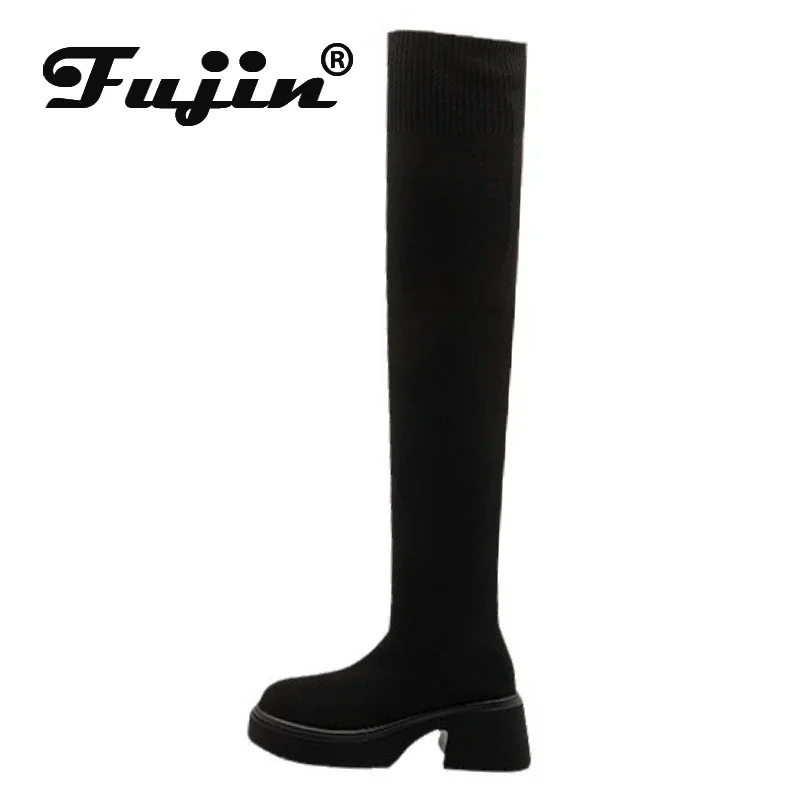 

Fujin 6cm Synthetic Cloth Streth Knitted Platform Wedge Autumn Spring Boots Knee High Boots Fabric British Fashion Women Shoes