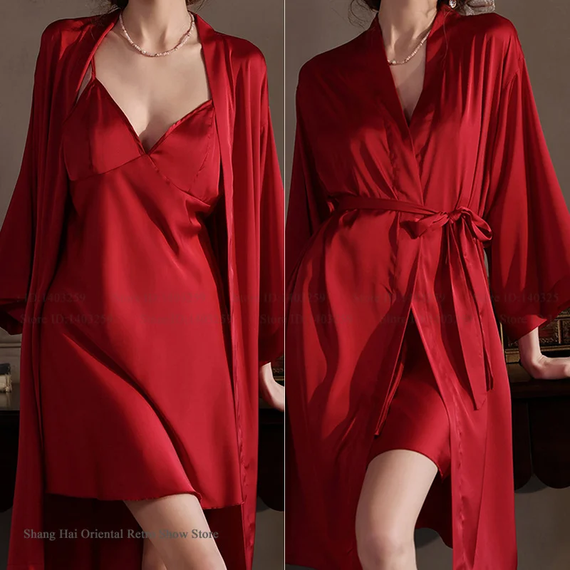 

SEXY Silk Satin Female Twinset Robe Set Nightgown Spring Summer New Bathrobe Sleepwear Loose Casual Home Dress Loungewear Pajama