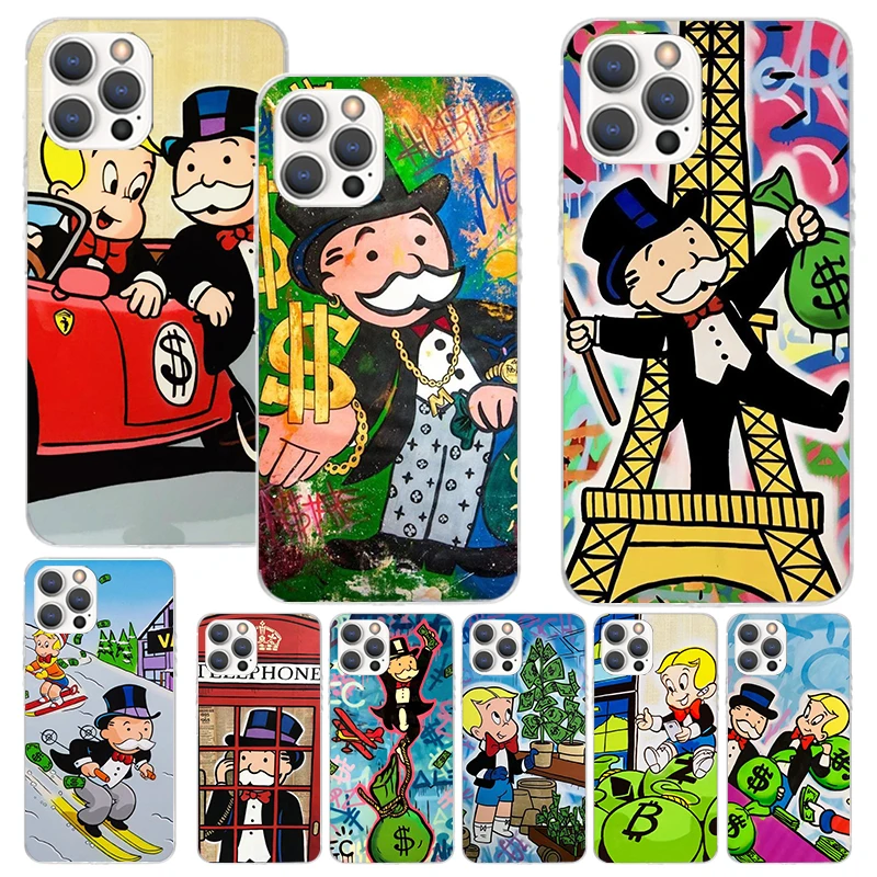 Cartoon Dollar Monopolys Print Soft Case for iPhone 16 15 14 13 12 11 Pro Max Art Phone Shell XS XR X SE 7 Plus 8 Pattern Cover 