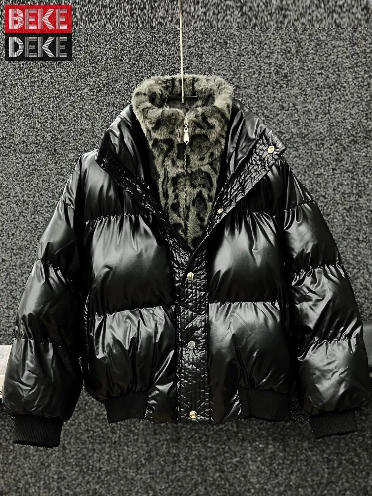 

Men Winter Loose Fit Leopard Print Spliced Fake Two Piece Overcoat Thick Warm Jacket Black Outwear Business Single Breasted Coat