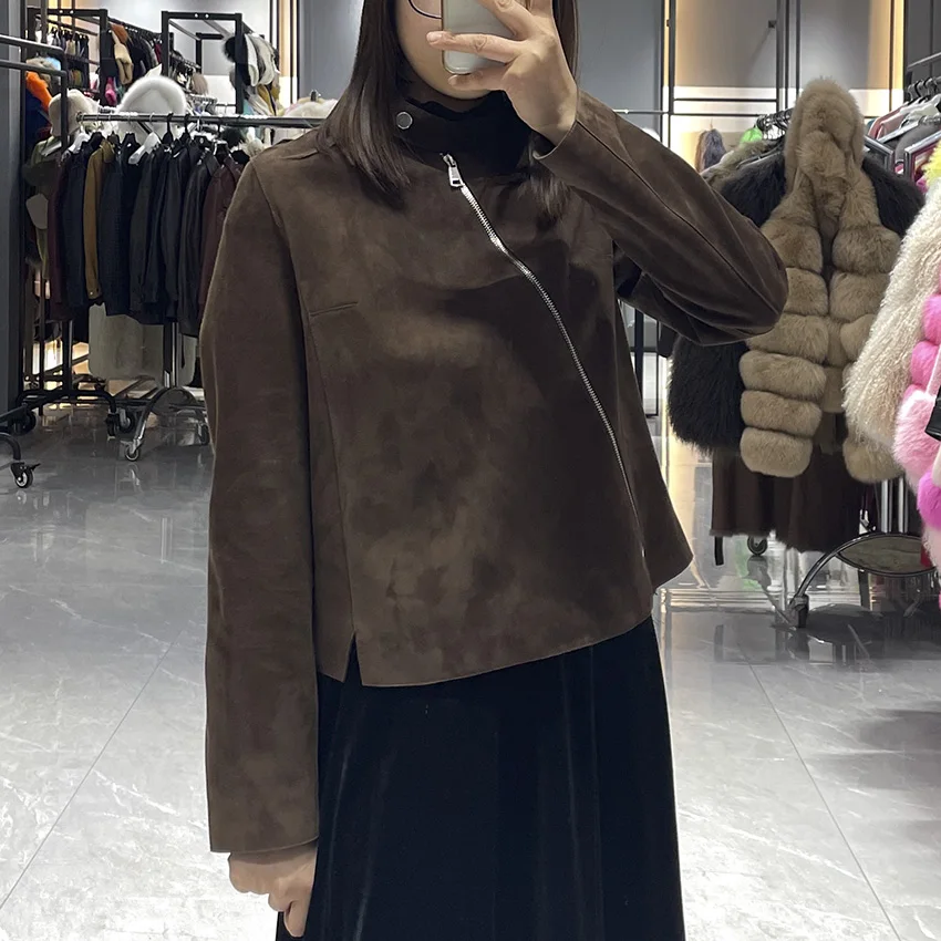 JANEFUR Giacca da donna primavera chic marrone corta in vera pelle di pecora autunno soprabito in vera pelle JFB6-25003