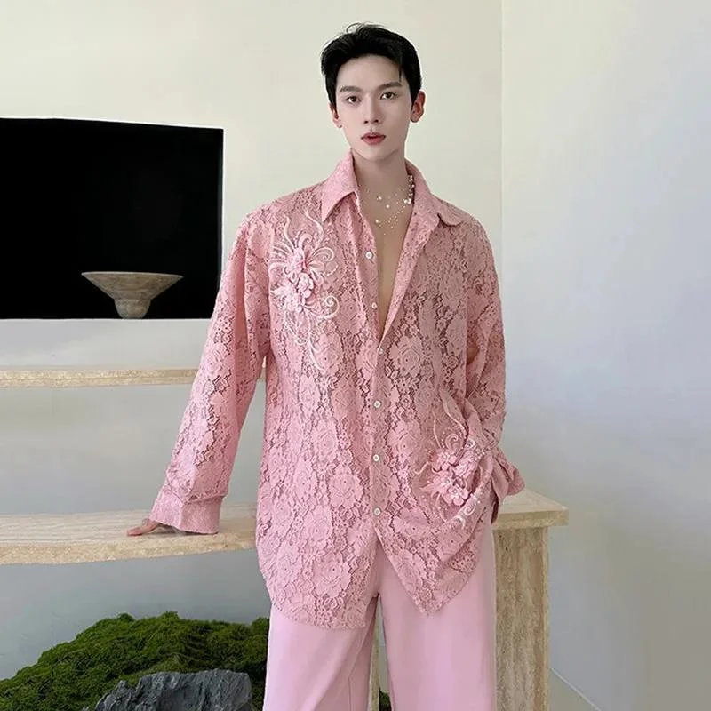

Fashion Men's Shirts Turn-down Collar Lace Dimensional Embroidery See-through Long Sleeved Single Breatsed Male Tops 9X3GDS