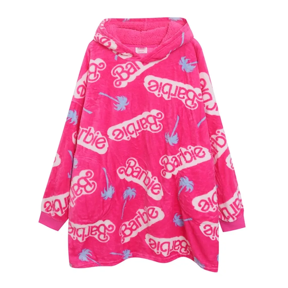 Kawaii Soft Barbie Sweatshirt Oversized Blanket Hoodie Girl Warm Winter Hooded Fleece Sweater Home Pajamas Casual Loose Homewear