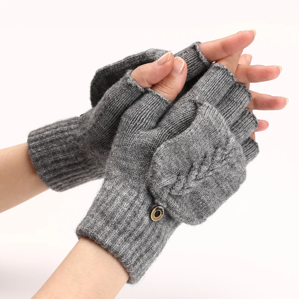 

Unisex Winter Knitted Convertible Fingerless Gloves Solid Color Warm Woolen Mittens Glove With Flap Cover for Women Men