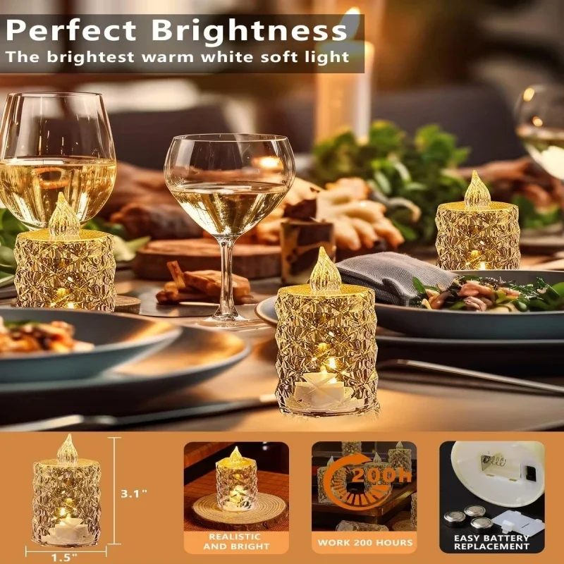 3 unids/set de luz de vela sin llama de cristal, luz de té electrónica Led sin fuego, vela de cristal transparente electrónica sin llama