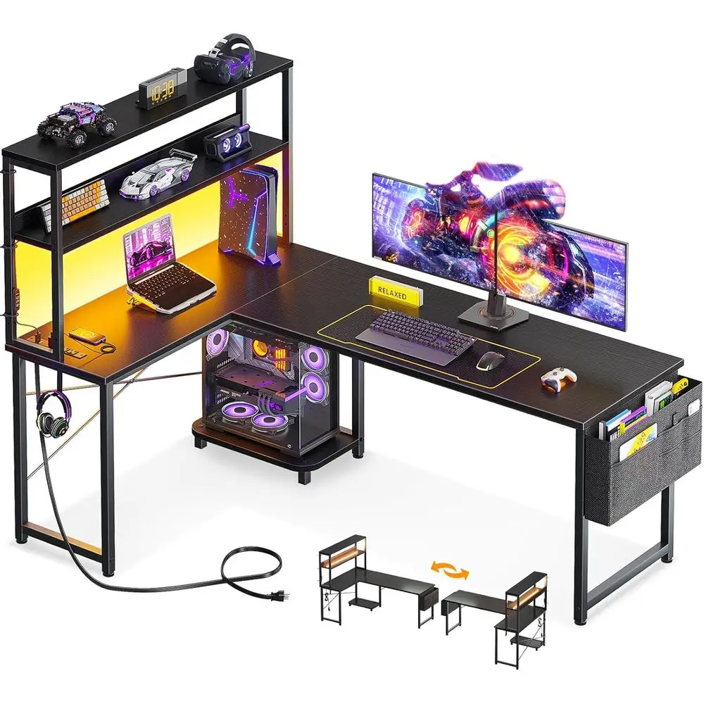 

Игровой L-образный стол 61 дюйм с LED-подсветкой, розетками, отсеками для хранения и крючками, идеально подходит для домашнего офиса, учебы, письма, черный
