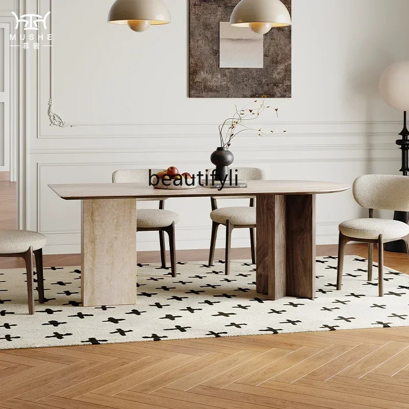 French black walnut solid wood dining table and chair combination simple travertine rock slab semi-oval island table