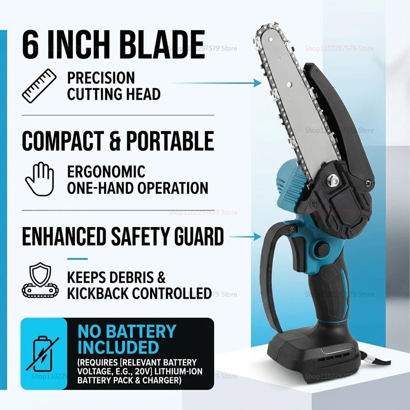 6Inch Cordless Electric Chainsaw Rechargeable No Battery Lightweight Power Tool for Woodcutting Gardening Makita 18V Compatible