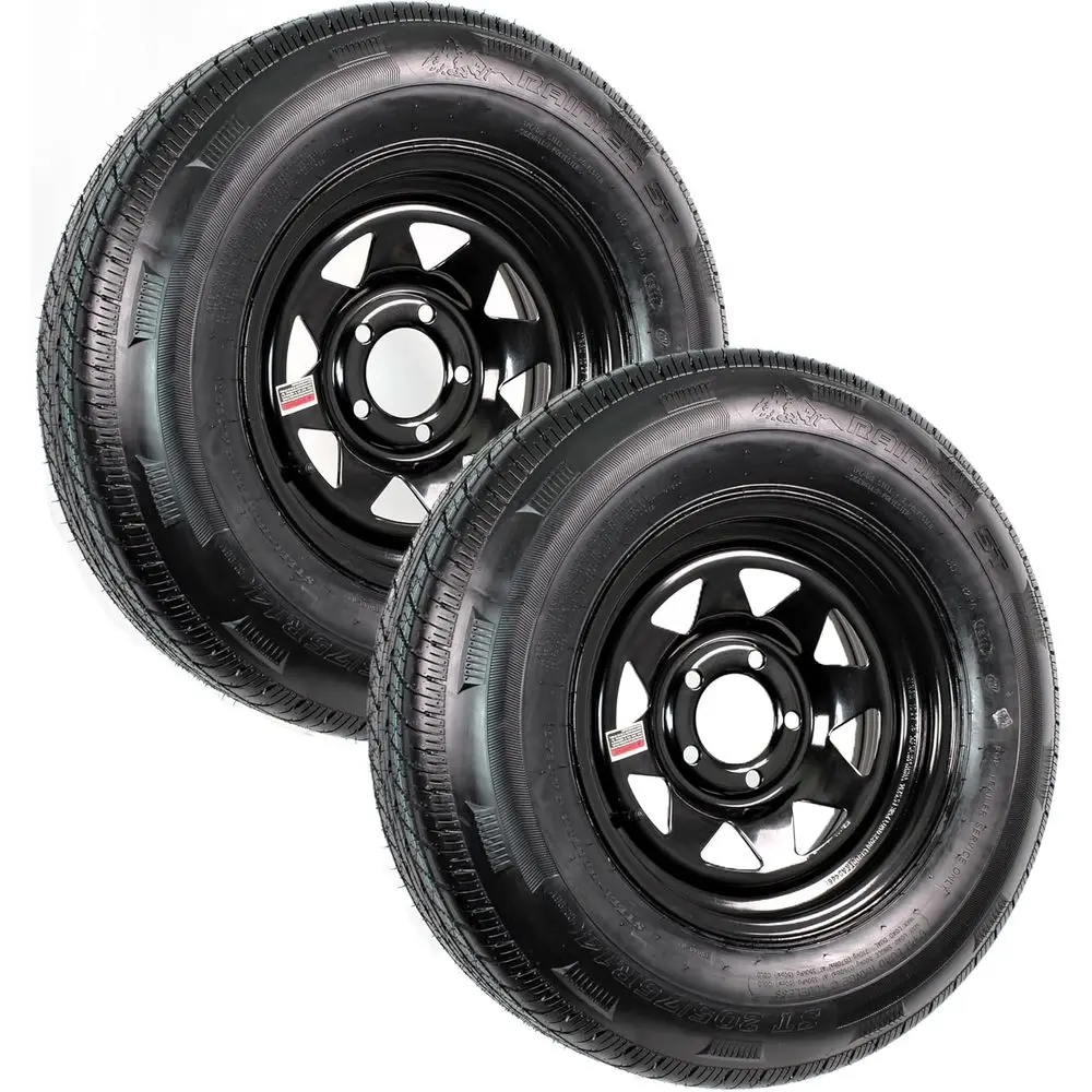 2-Pack 14 Inch Radial Trailer Tires ST205/75R14 Load Range D, 5 Lug, Black Spoke Wheels, 6-Year Warranty
