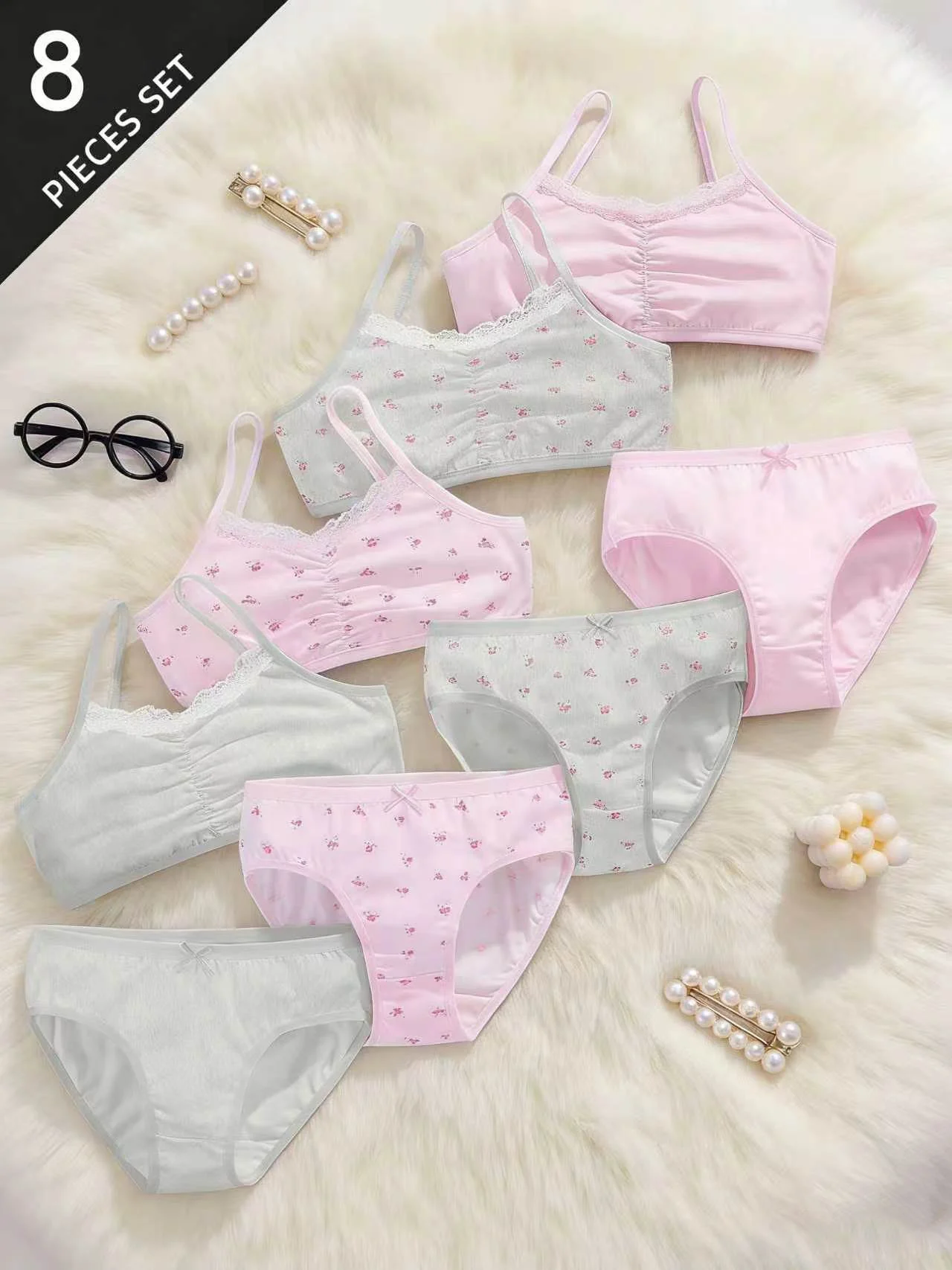 Girls' Pink Series Floral Lace Ribbon Wrap Design Suspender Straps and Triangle Floral Panties 8-Piece Set Full Print White and Pink Top and Bottom Outfit