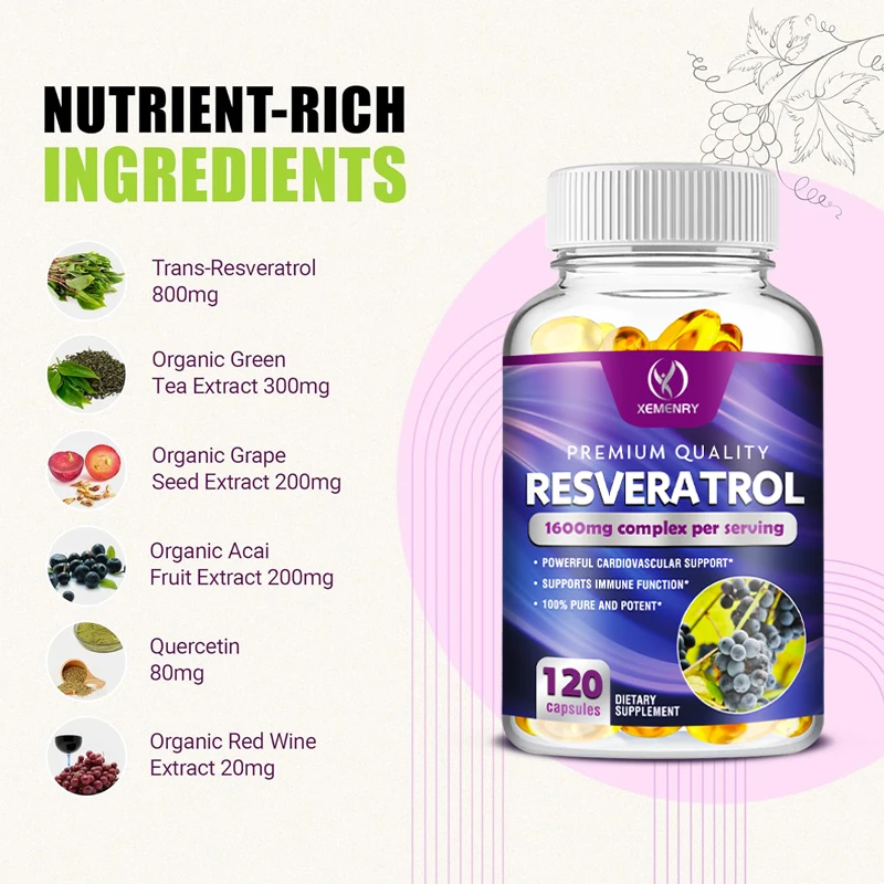 Resveratrol Capsules - Support Cardiovascular Health, Antioxidants, Improve Immunity, and Promote Smooth Skin