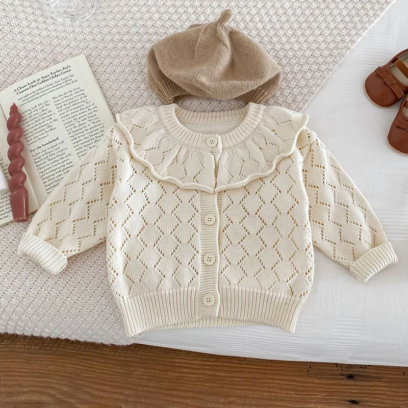 2024 New Autumn Newborn Baby Girls Sweater Coat Kids Long Sleeved Solid Color Knit Cardigan Infant Baby Girls Knitting Cardigan