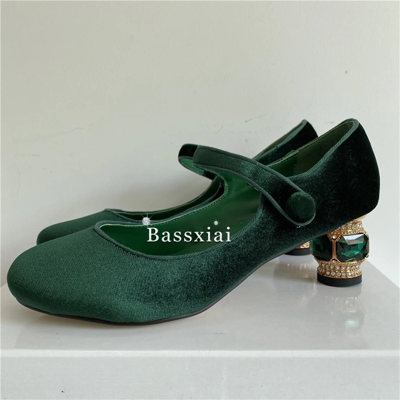 Diamond Crystal Heel Women Pumps Luxury Velvet Round Toe T-Strap Side Fretwork Banquet Shoes For Girls - Image 2