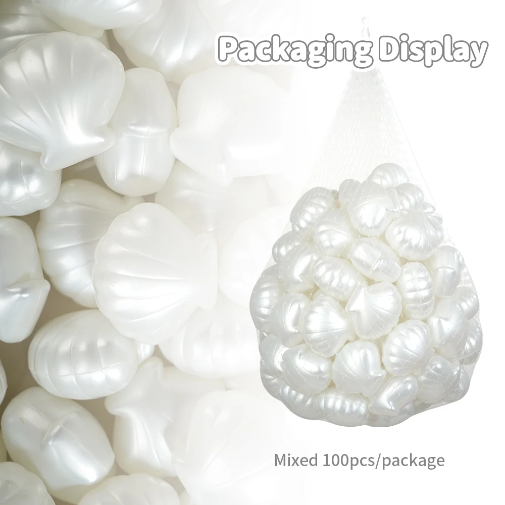 5.5cm 100 pçs/saco com saco de malha pe bola de plástico pit bolas pura pérola branco concha forma interior playground banho verão praia brinquedos