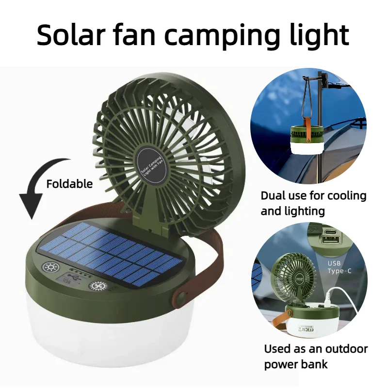 

Solar Camping Light Outdoor 2-in-1 Hanging Lantern Fan 4 Modes Emergency Light for Power Failure Survival Gear Travel Adventure