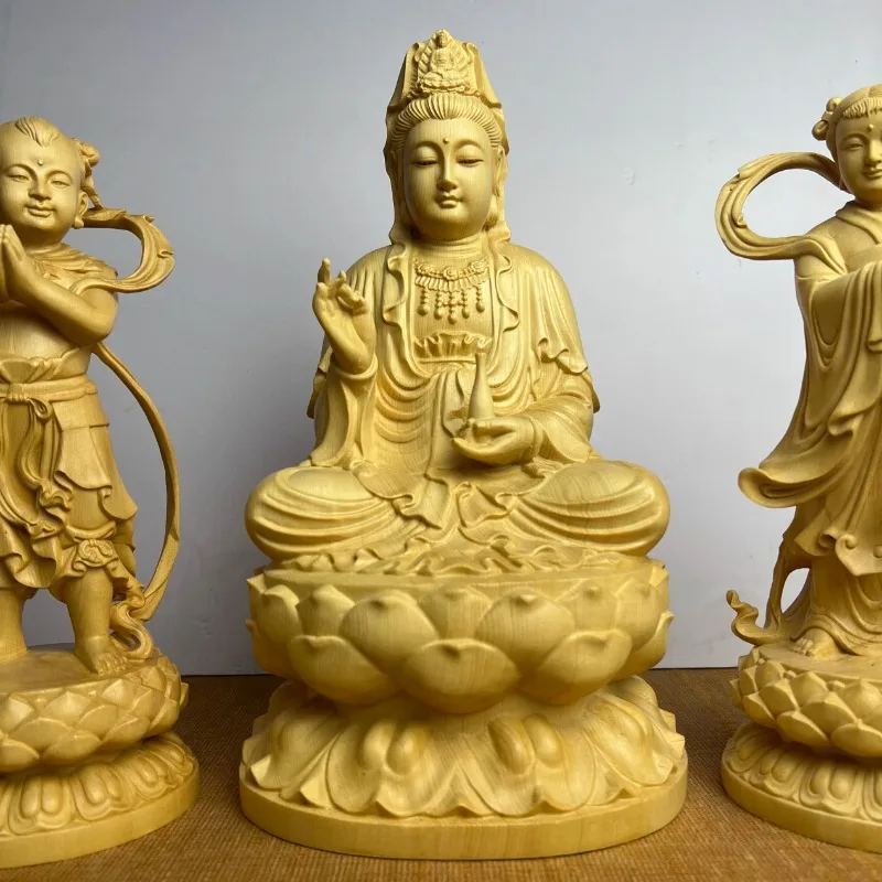 Hand Carved Hinoki Wood Guanyin Statue Set (3pcs) w/ Golden Boy Jade Girl - Bodhisattva Spiritual Ornament Home Temple Altar