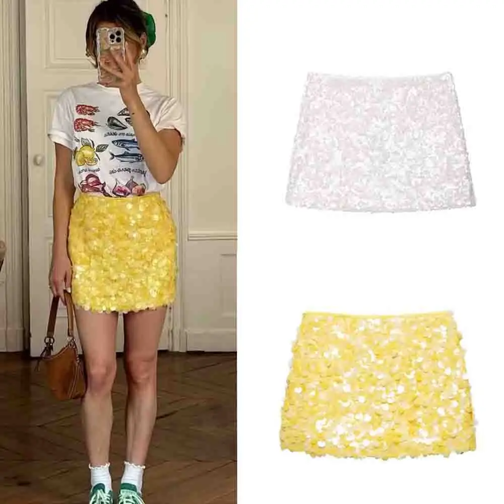

Women's 2025 new fashion sequin decoration slim versatile mini skirt retro high waisted side zipper women's skirt