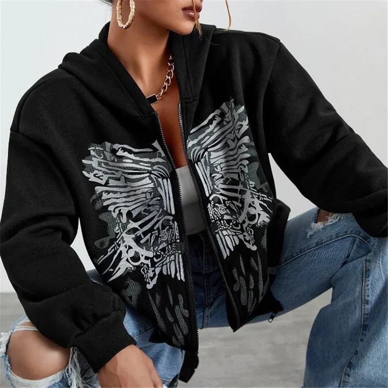 New Autumn 2024 Women Hoodies Loose Solid Color Printing Harajuku Korean Style Sweatshirt Zipper Shopping Comfortable Coat Y2k