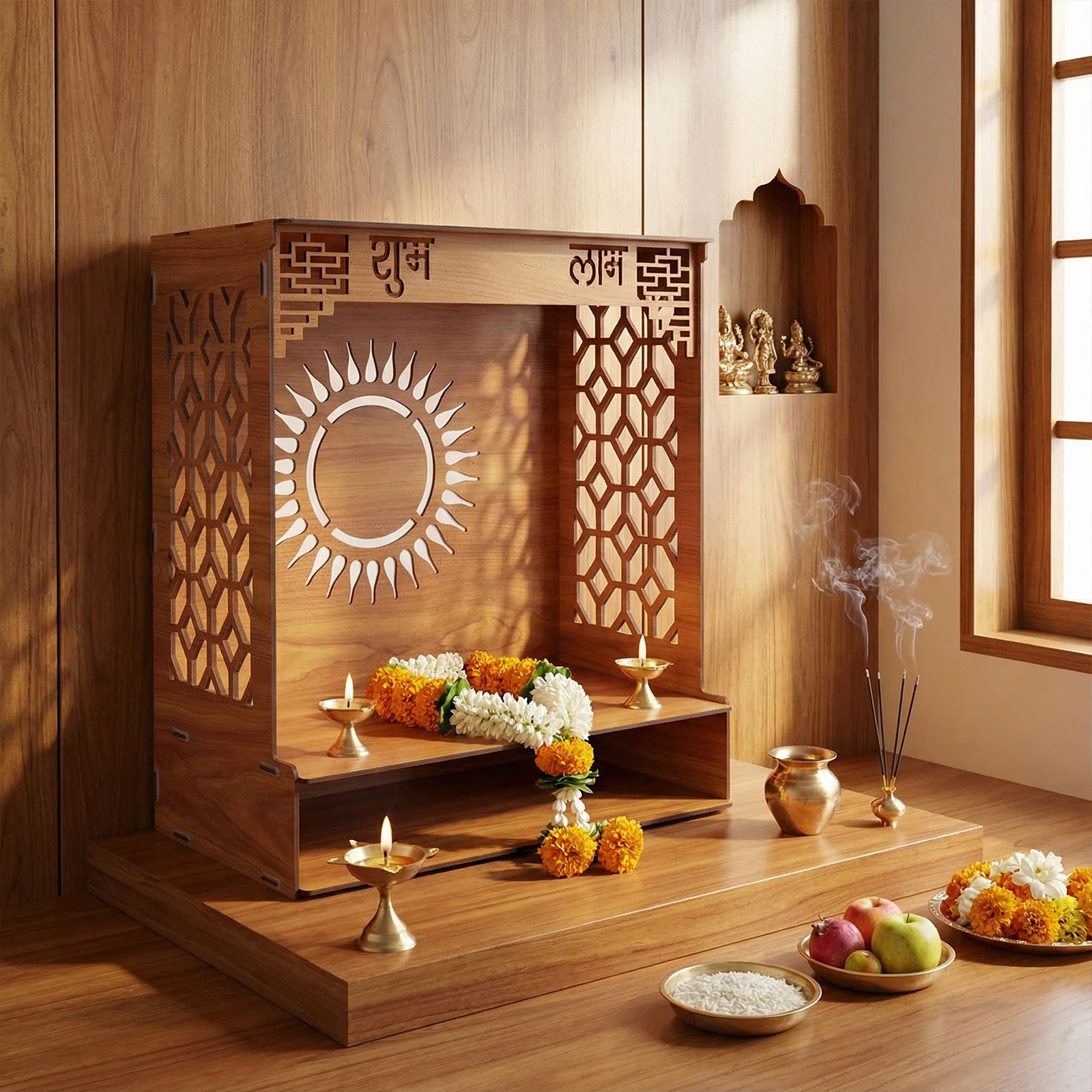 Soporte de pared para Puja con doble estante, diseño hueco tallado, para ídolos de dioses, oficina, tienda