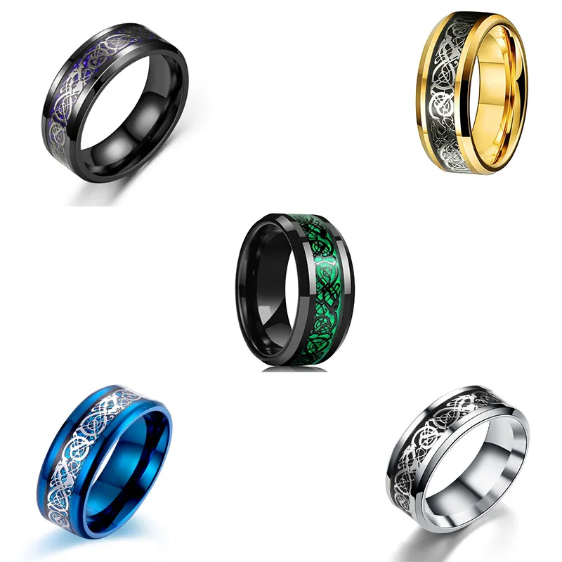 16 Colors Men Jewelry Red Blue Black Dragon Inlay Comfort Fit Stainless Steel Rings For Wedding Wide 8mm