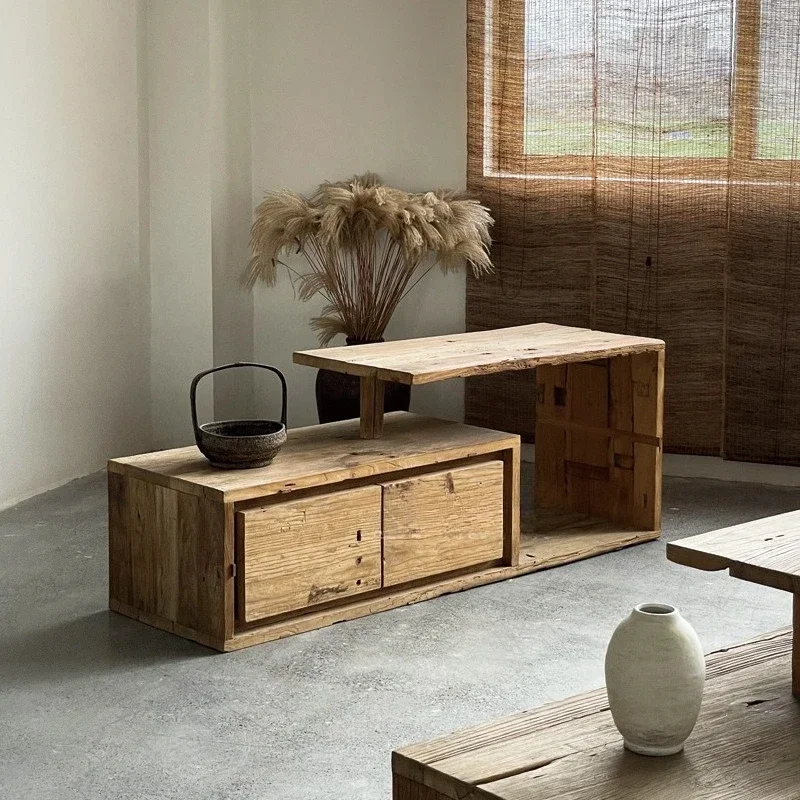 Wabi Sandy Wind Solid Wood High and Low Table Cabinet with Drawer Floor Table Low Cabinet Homestay Old Elm TV Cabinet Household