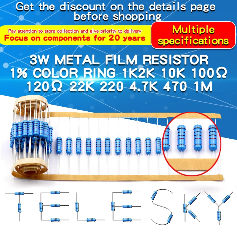 20pcs 3W Metal Film Resistor 1% 1Ω - 1MΩ 10 47 100 120 150 220 300 330 470 910 1K 2.2K 4.7K 10K 15K 20K 47K 100K 220K 470K ohm