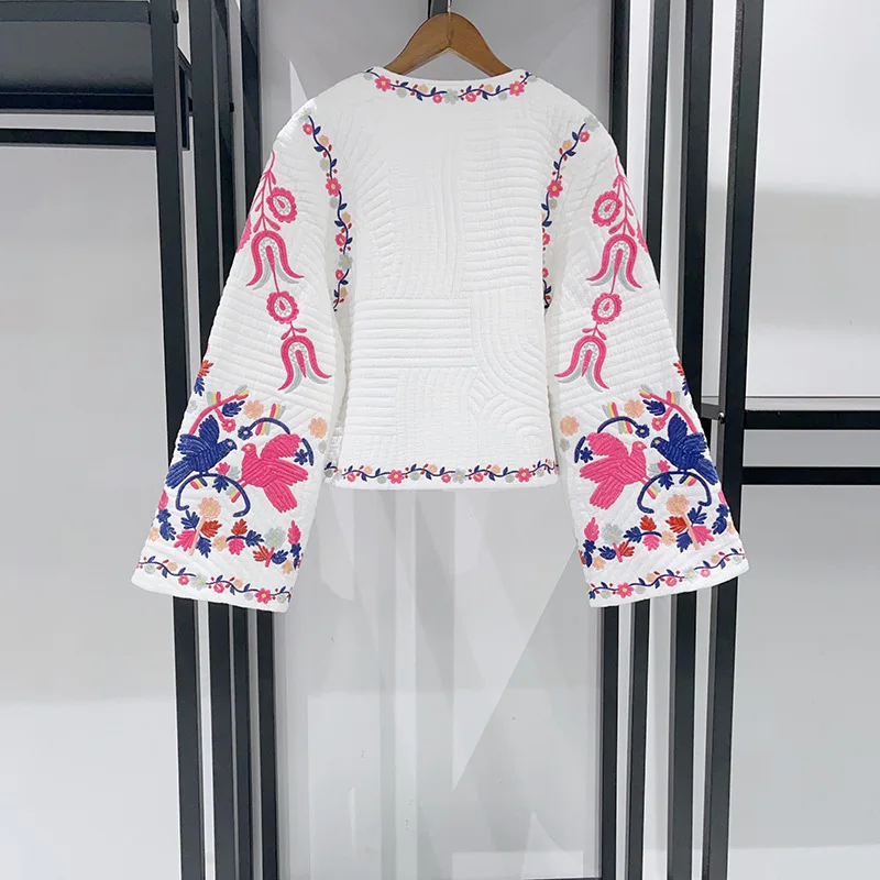 Damska kurtka vintage z haftem, okrągły dekolt, długi rękaw, luźna, wygodna, ciepła bluzka damska na zimę.