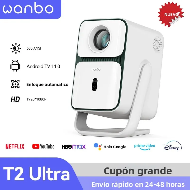 Wanbo T2 Ultra ATV,Native 1080P, 500 ANSI, Android TV 11, ASA3.0, DRM L1, Altavoz de 10W, Óptica Sellada, 120 ° Proyector Giratorio para Cine en Casa