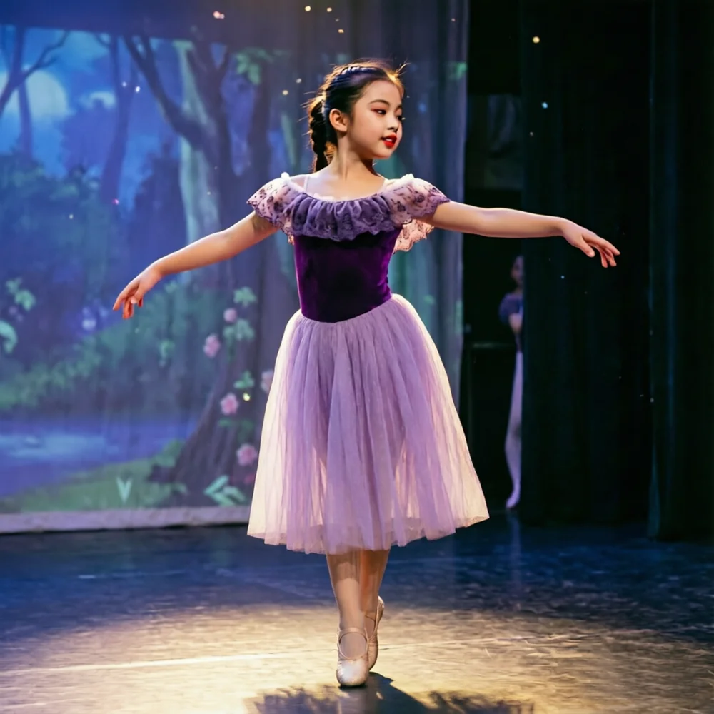 

Purple Children's Adults Ballet Dress High Quality Long Tulle Performance Skirt with Velvet Bodice for Dance Competition
