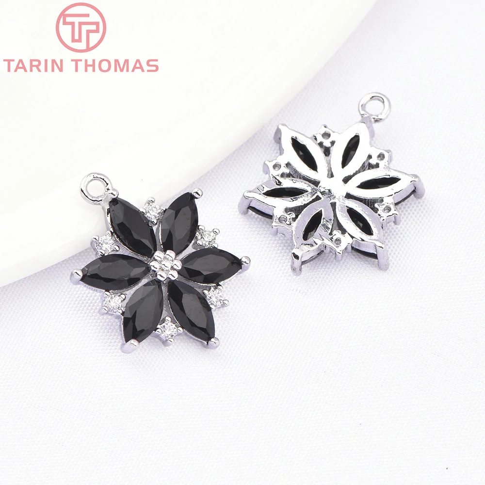 (9064) 4PCS 13.5x17.5MM 24K Gold Color Brass with Zircon Flower Shaped Pendants High Quality DIY Jewelry Making Findings