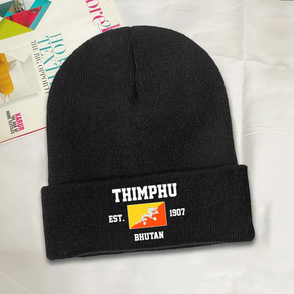 Bhutan EST.1907 Thimphu Capital Men Women Unisex Knitted Hat Winter Autumn Print Beanie Cap Warm Bonnet