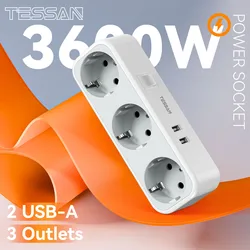 TESSAN USB Wall Socket Extender with 3 AC Outlets +2 USB Ports EU Plug Power Adapter Overload Protection Switch for Home/Office